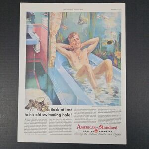 1945 American Standard Heating Plumbing Vintage Print Ad Soldier Home In Bathtub